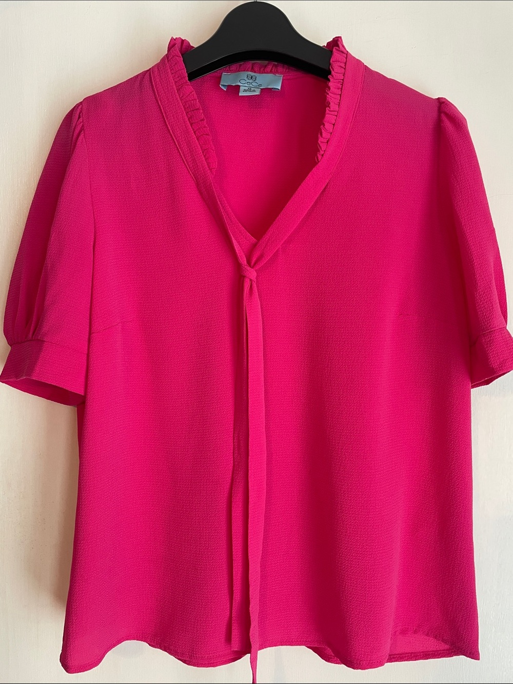 CeCe Hot Pink Tie-Neck Short Sleeve Blouse